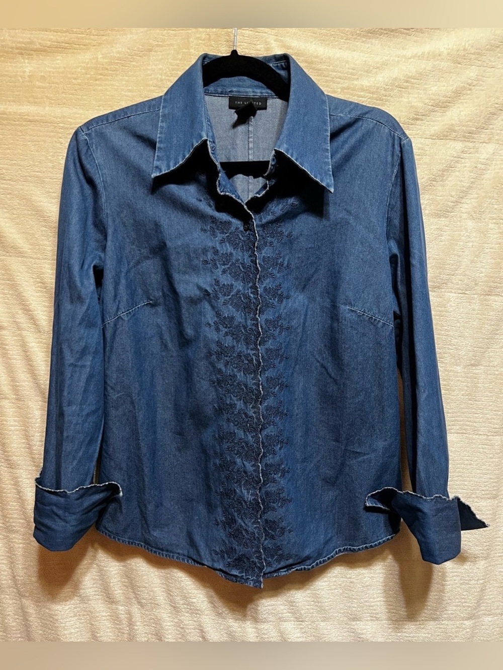 The Limited Embroidered Chambray Button Front Shirt Blue Cotton Size Large